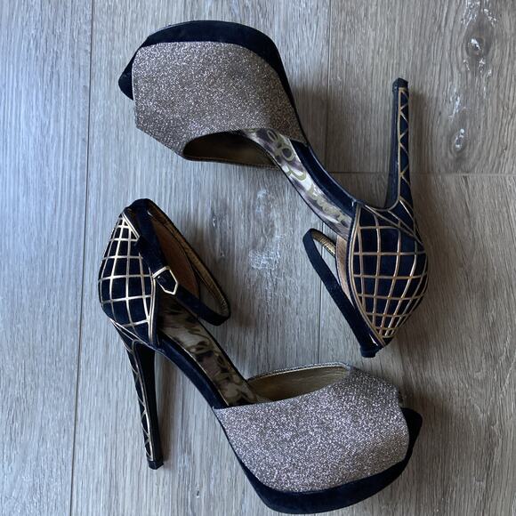 Sam Edelman Stiletto Heel Sz 7 Black Suede Gold Peep Toe Ankle Strap - Picture 2 of 14